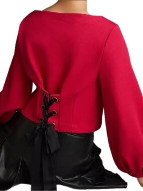 ANTHROPOLOGIE MAEVE RASPBERRY BALLOON SLEEVE TIE BACK CORSET SWEATSHIRT TOP